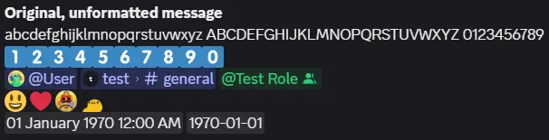 Screenshot showing unmodified message output, for comparison with modes below
