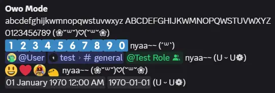 Screenshot showing message output with OwO Mode mode applied