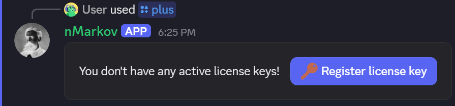A /plus prompt, showing the user has no license keys.